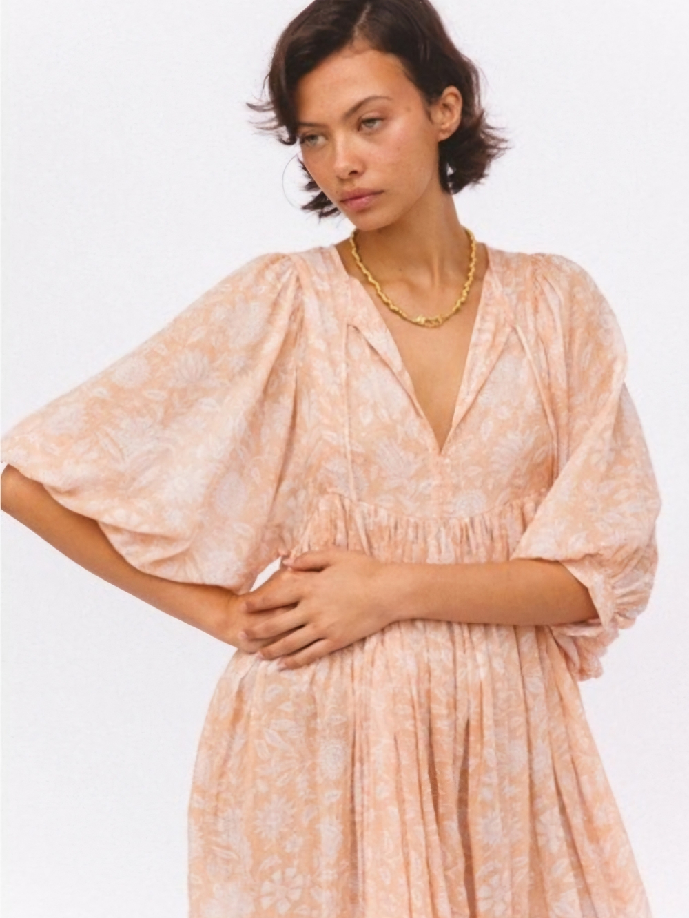 Daughters of India Peach Floral Midi Dress